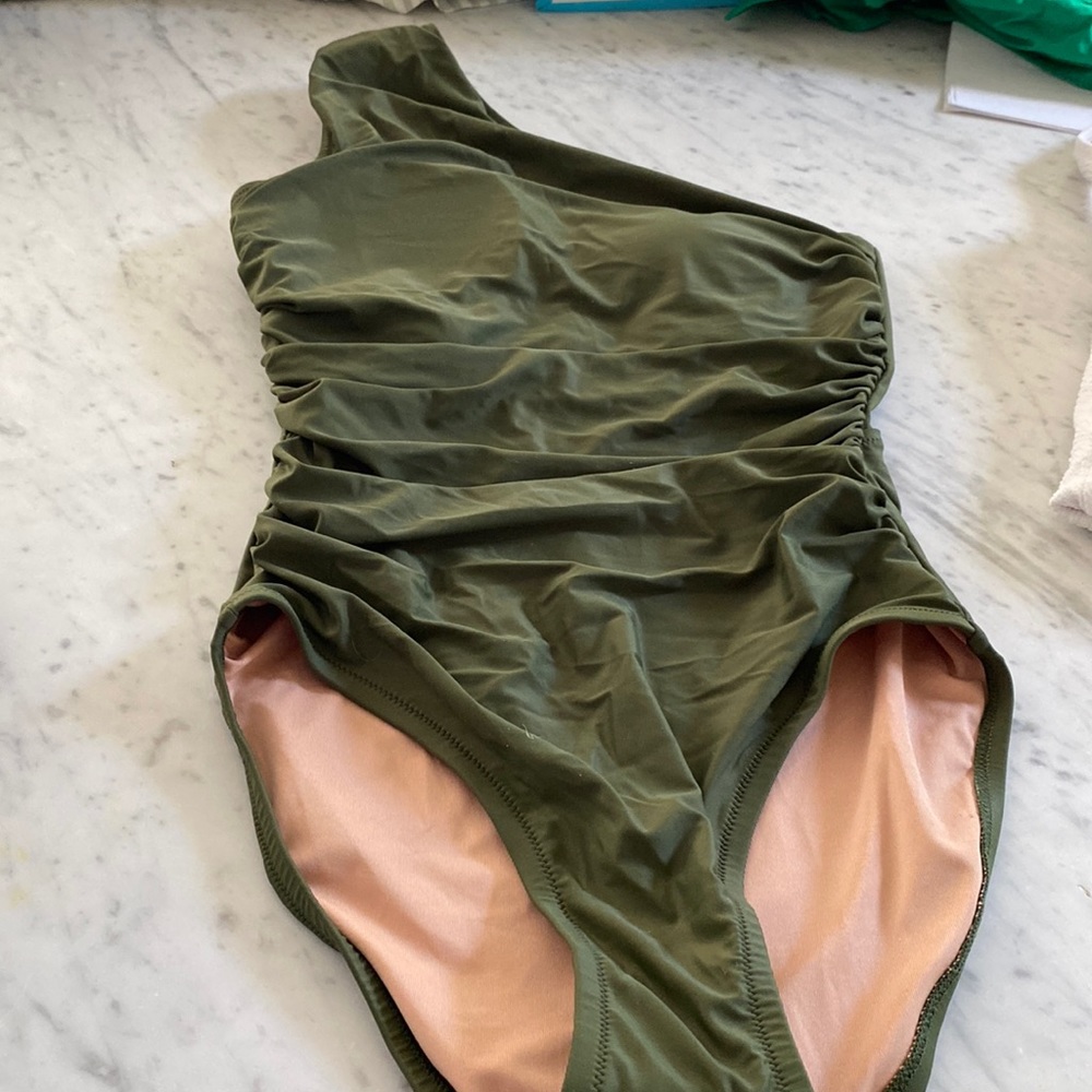 NWT J crew green one shoulder ruched swimsuit